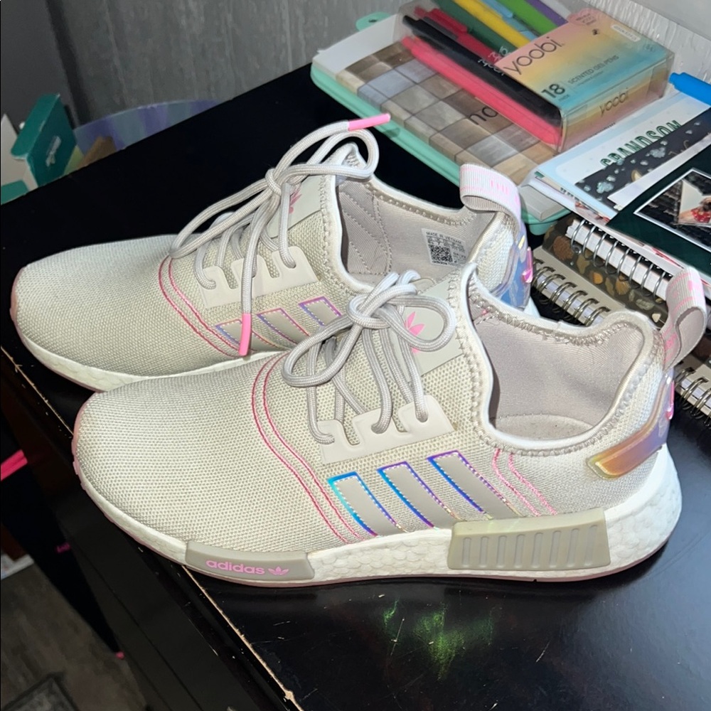 Adidas NMD R1 White Sneakers with Iridescent Stripes